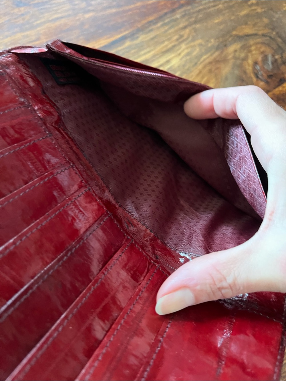 Vintage Eel Skin Wallet Red Bifold Long Exotic Leather Genuine Clutch Retro - Picture 8 of 15